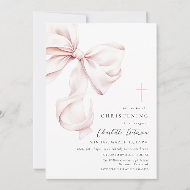 Convite Coquette Bow Christening Invitation (Frente)