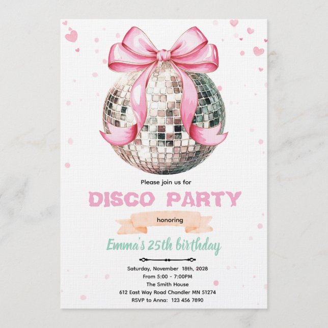 Convite Coquette Bow Disco Party Invitation (Frente)