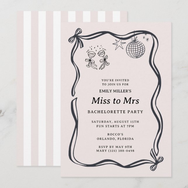 Convite Coquette Bow Miss to Mrs Bachelorette  (Frente/Verso)