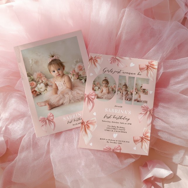 Convite Coquette Bow Pink Girls Just wanna First Birthday (Coquette Bow Pink Girls Just wanna First Birthday Invitation)