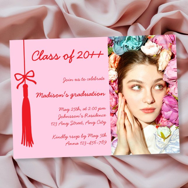 Convite Coquette Bow Pink Red Elegan Photo 2026 Graduation (Coquette Bow Pink Red Elegan Photo 2026 Graduation Invitation)