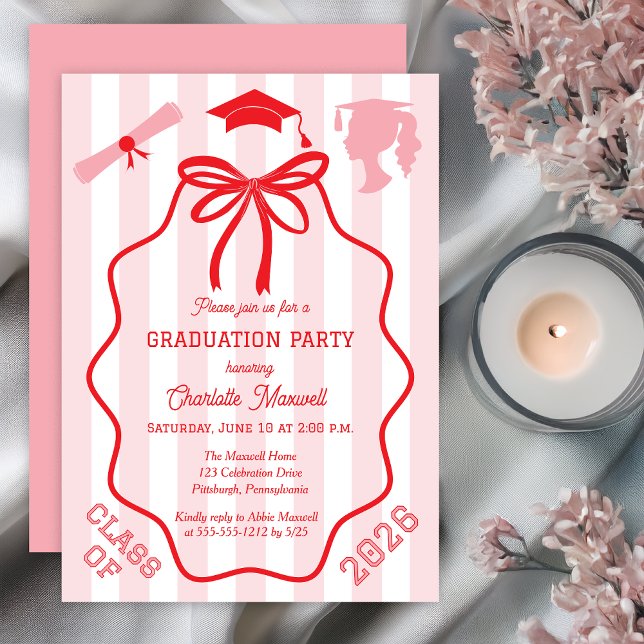 Convite Coquette Bow | Pink Stripes Graduation Party (Pink Striped Graduation Party Invitation with Coquette Red Bow, Cap, and Diploma Icons Print Digital)