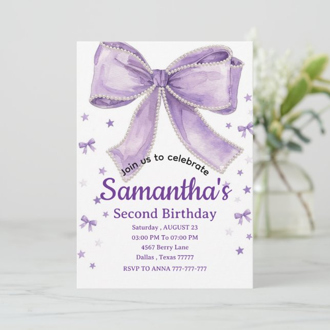 Convite Coquette Bow Purple Birthday Party Invitation (Em pé/Frente)