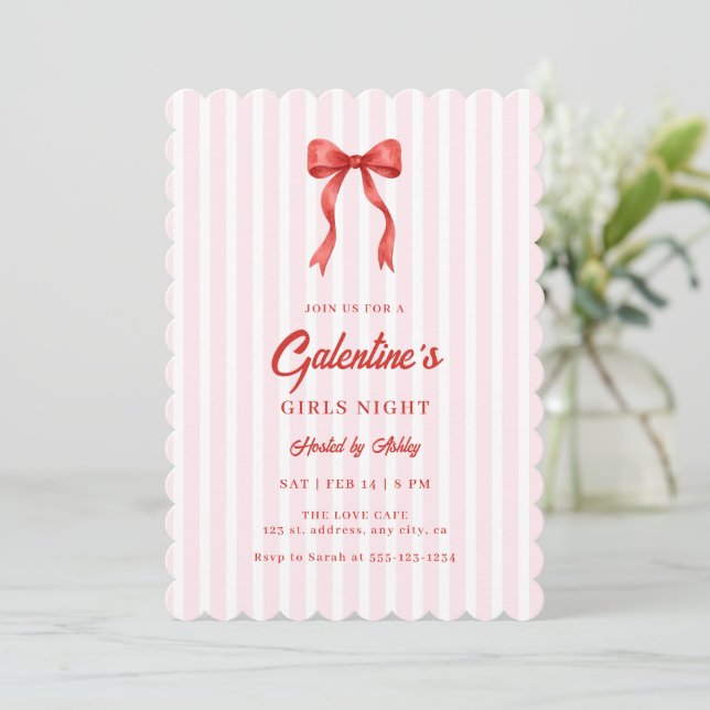 Convite Coquette Bow Red Pink Galentine's Party (Em pé/Frente)