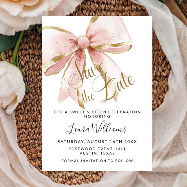 Convite Coquette Bow Save The Date Sweet Sixteen (Elegant Pink and Gold Sweet Sixteen Save the Date Invitation)