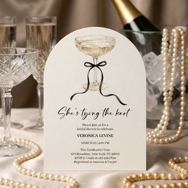 Convite Coquette Bow She’s Tying the Knot Bridal Shower  (She’s Tying the Knot Bridal Shower - Champagne Coupe Bow, Modern Arch)