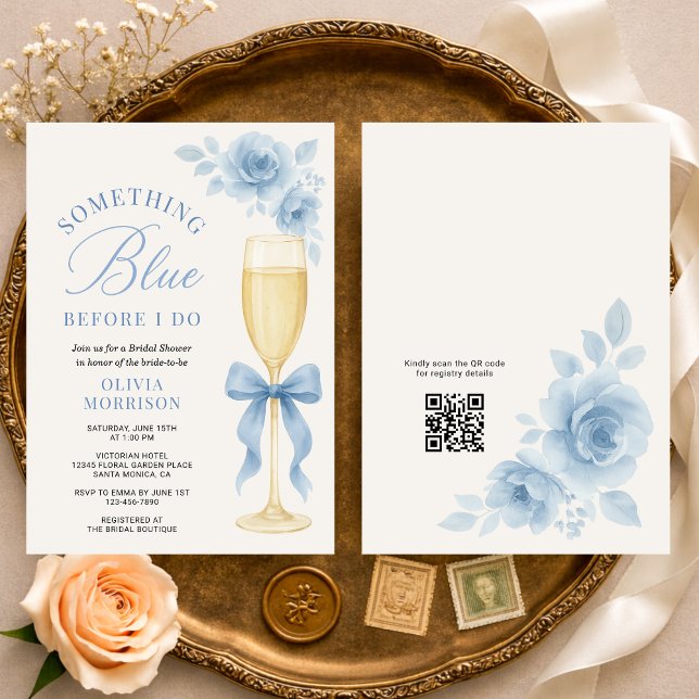 Convite Coquette Bow Something Blue QR Code Bridal Shower  (Criador carregado)