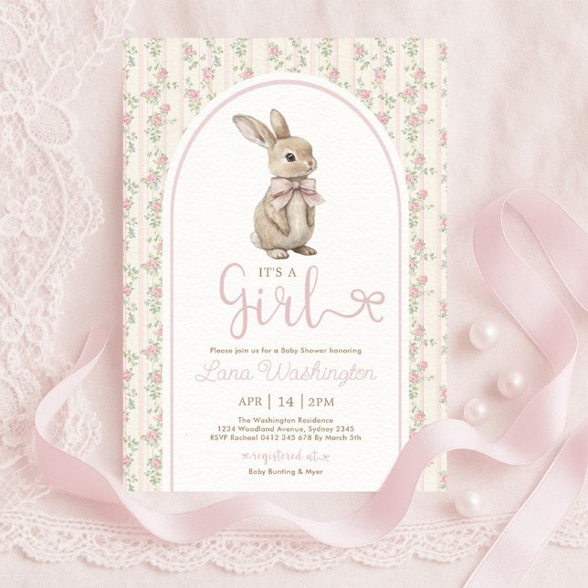 Convite Coquette Bunny Pink Bow Roses Girl Baby Shower (Criador carregado)