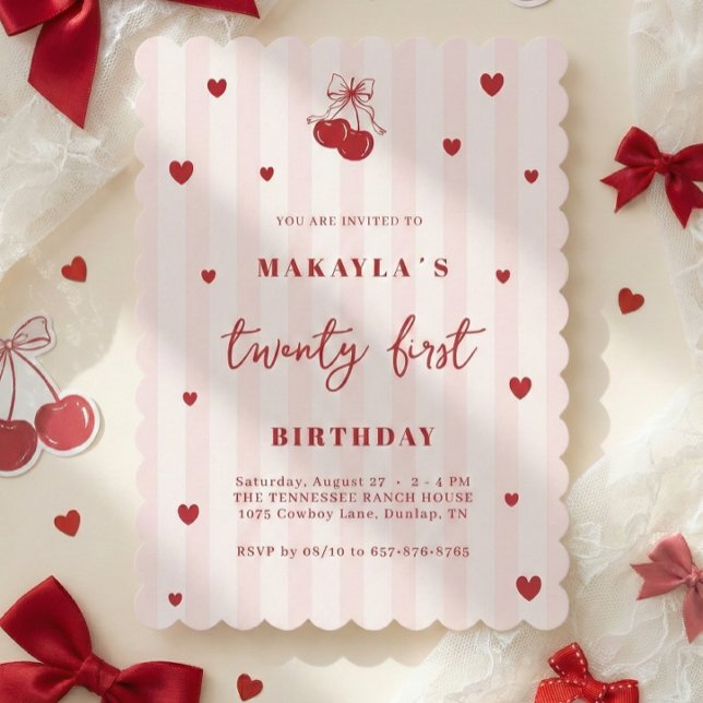Convite Coquette Cherry 21st Heart Aesthetic Birthday (Criador carregado)