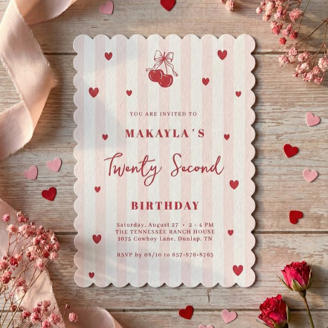Convite Coquette Cherry 22nd Heart Aesthetic Birthday (Criador carregado)