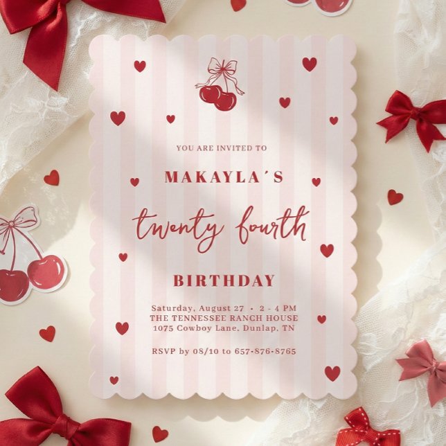 Convite Coquette Cherry 24th Heart Aesthetic Birthday (Criador carregado)