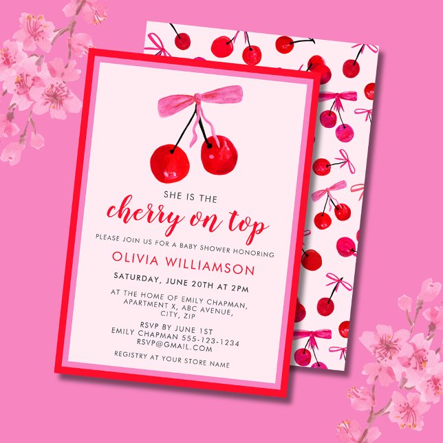 Convite Coquette Cherry no Top Girls Chá de fraldas (Cherry on Top Baby Shower invitation with coquette cherries and pink ribbon bow)