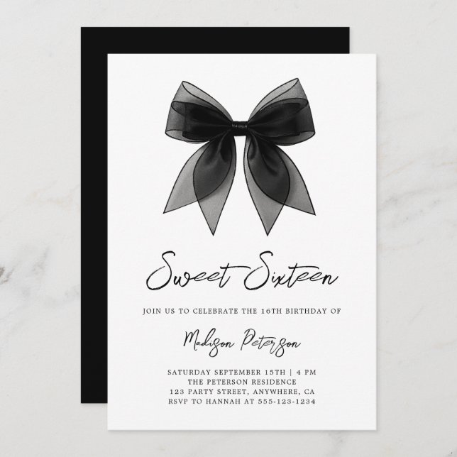 Convite Coquette Chic Minimal Black Bow Sweet 16 Birthday (Frente/Verso)