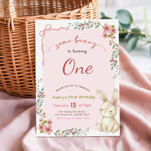 Convite Coquette Coelho Rosa com Laço Coelho Floral 1º Ani