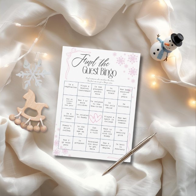 Convite Coquette de inverno: Encontre o Bingo de Convidado (Winter Coquette pink Find The Guest Bingo Card)