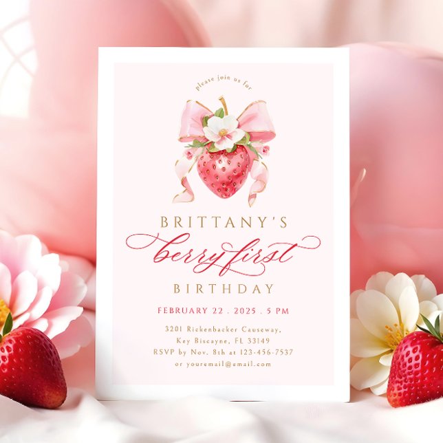 Convite Coquette Floral Berry Primeiro Aniversário (Criador carregado)