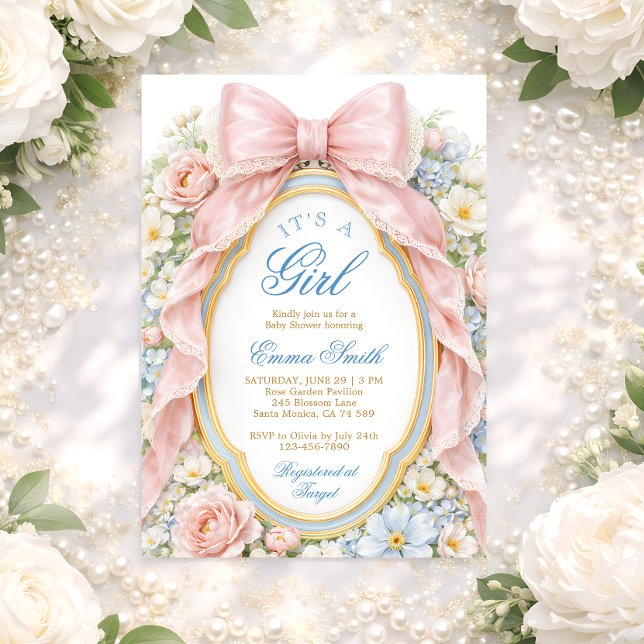Convite Coquette Girly Pink Bow Floral Baby Shower (Criador carregado)