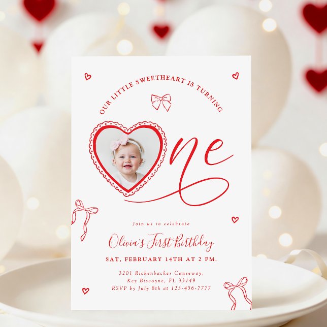 Convite Coquette Heart First Birthday Invitation (Criador carregado)