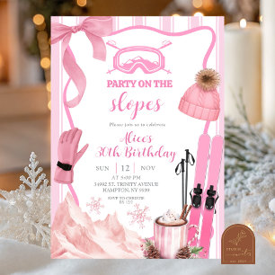 Convite Coquette Inverno Rosa pastel Aniversário de Esqui