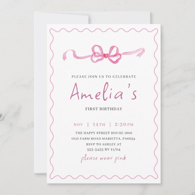 Convite Coquette Invitation for Birthday Girl Bow Party  (Frente)