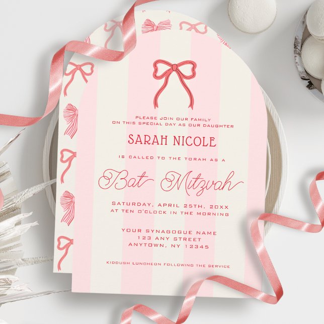 Convite Coquette Laço Rosa e Listras Bat Mitzvah (Criador carregado)