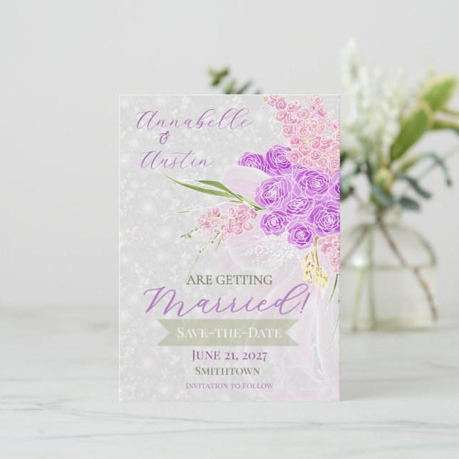 Convite Coquette Laço Transparente em Rosa Bouquet Save-Th (Em pé/Frente)