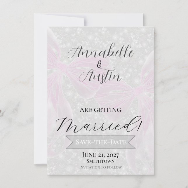 Convite Coquette Laço Transparente em Rosa  Save-The-Date (Frente)