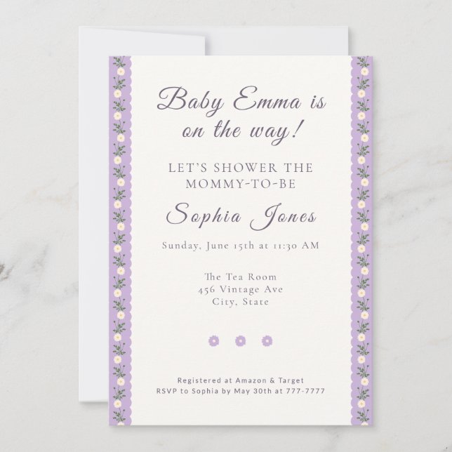 Convite Coquette Lavender Scallop Floral (Frente)