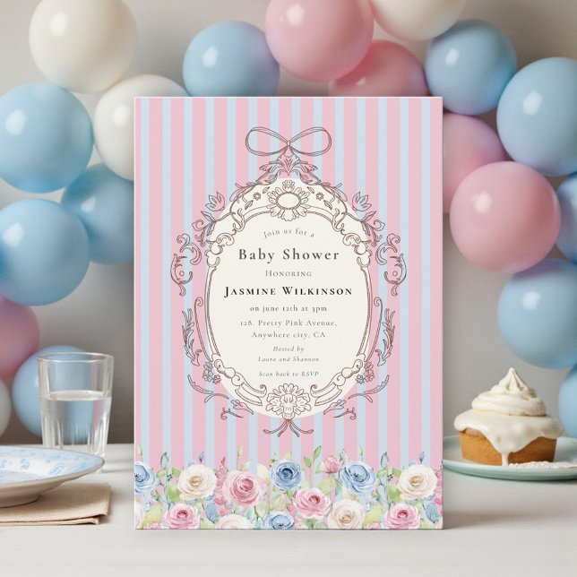Convite coquette pastel Rose Baby Shower with qr code rsvp (Criador carregado)