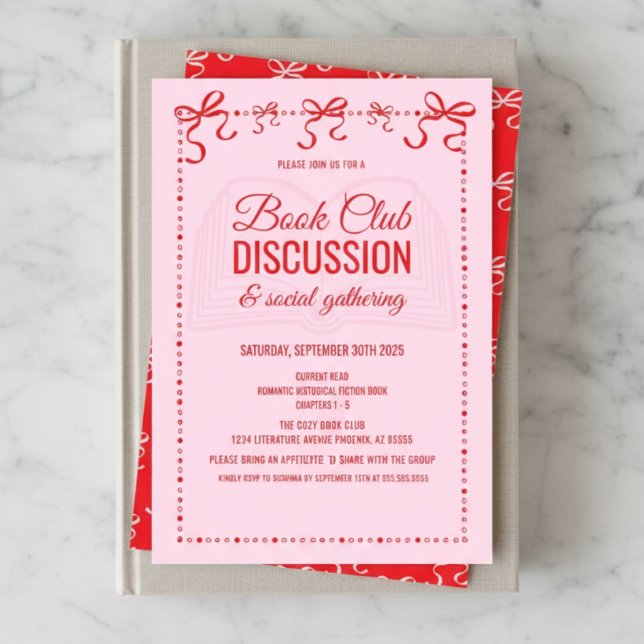 Convite Coquette Pink Book Club Invitation (red and pink hand drawn doodle book club theme party invitation with coquette bows and script font)