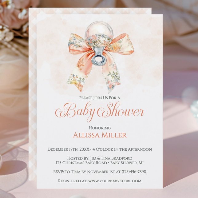 Convite Coquette Pink Bow Gingham Girl Baby Shower (Elegant Coquet Pink Bow Girl Baby Shower Invitation)