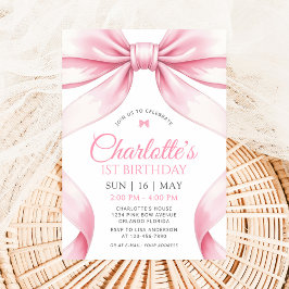Convite  Coquette Pink Bow Girl First Birthday Invitation