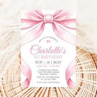 Convite  Coquette Pink Bow Girl First Birthday Invitation