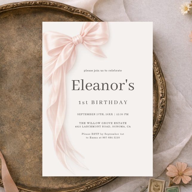 Convite Coquette Pink Bow Girl's 1st Birthday (Criador carregado)