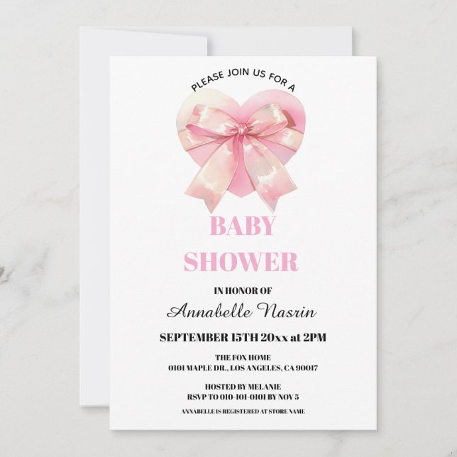 Convite Coquette Pink Bow Ribbon Girl Baby Shower (Frente)