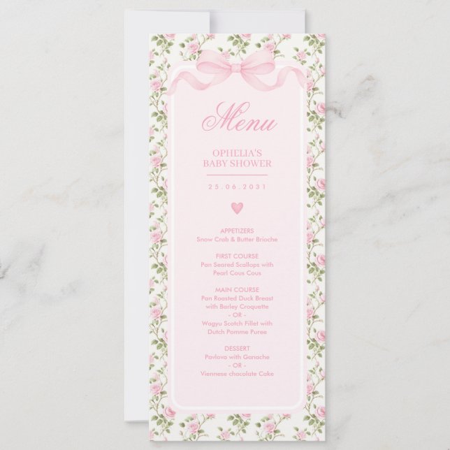 Convite Coquette Pink Bow Roses Baby Shower Menu (Frente)