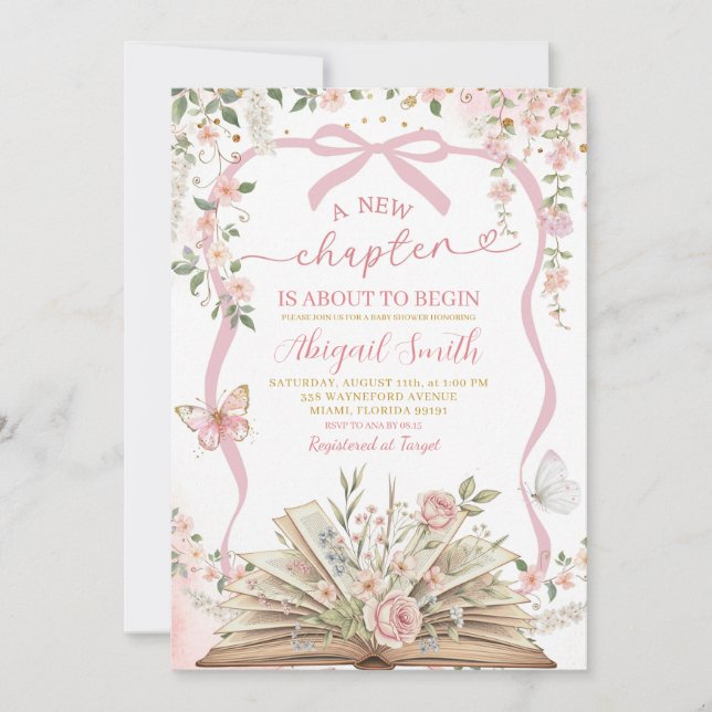 Convite Coquette pink bow storybook new chapter (Frente)