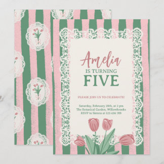 Convite Coquette Pink Bow Vintage Tulip Any Age Birthday