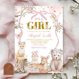Convite Coquette pink bow woodland animals baby shower