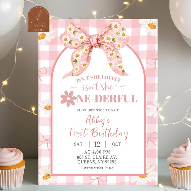 Convite Coquette Pink Daisy Bow Birthday InvitatIon (Criador carregado)