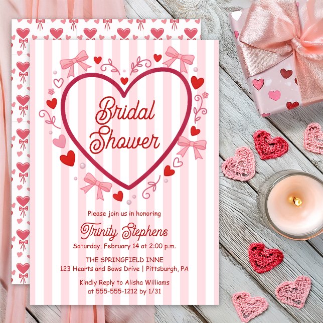 Convite Coquette Pink | Red Hearts and Bows Bridal Shower (Pink | Red Coquette Hearts and Bows with Pink | White Stripes Bridal Shower Invitation Print Digital)