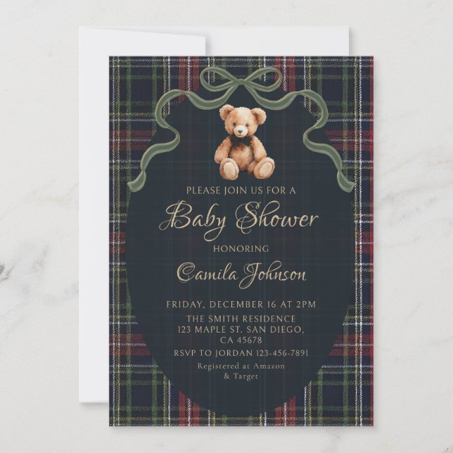 Convite Coquette Plaid Teddy Bear Baby Shower Invitation (Frente)