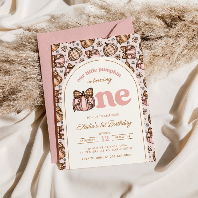 Convite Coquette Pumpkin Gingham Fall Floral primeiro aniv (Criador carregado)