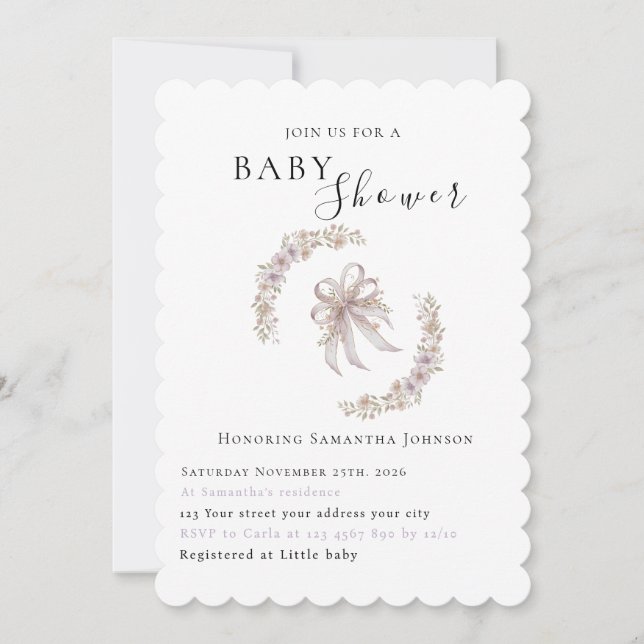 Convite Coquette purple bow baby shower Invitation  (Frente)