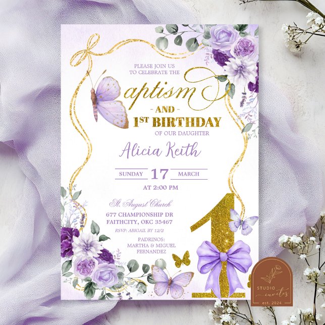 Convite Coquette Purple Butterfly baptism and 1st birthday (Criador carregado)