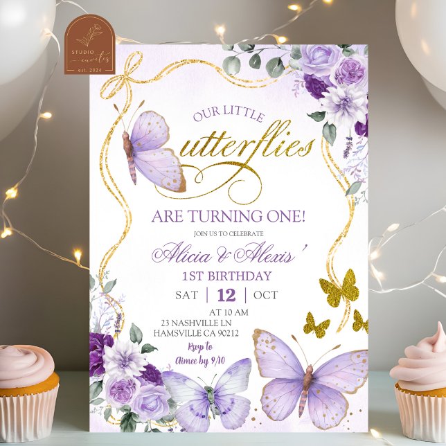 Convite Coquette Purple Butterfly Twins Birthday (Criador carregado)