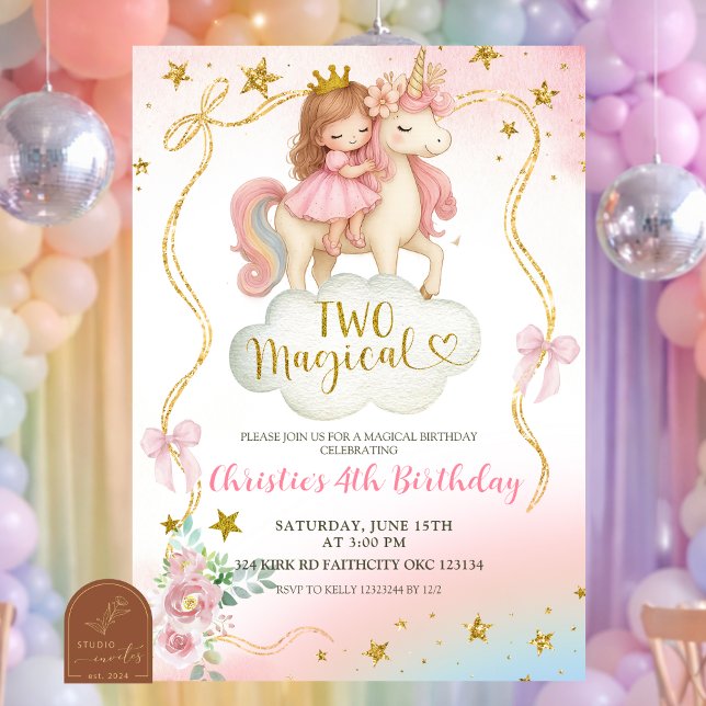 Convite Coquette Rainbow Pastel Unicorn TWO Magical Birthd (Criador carregado)
