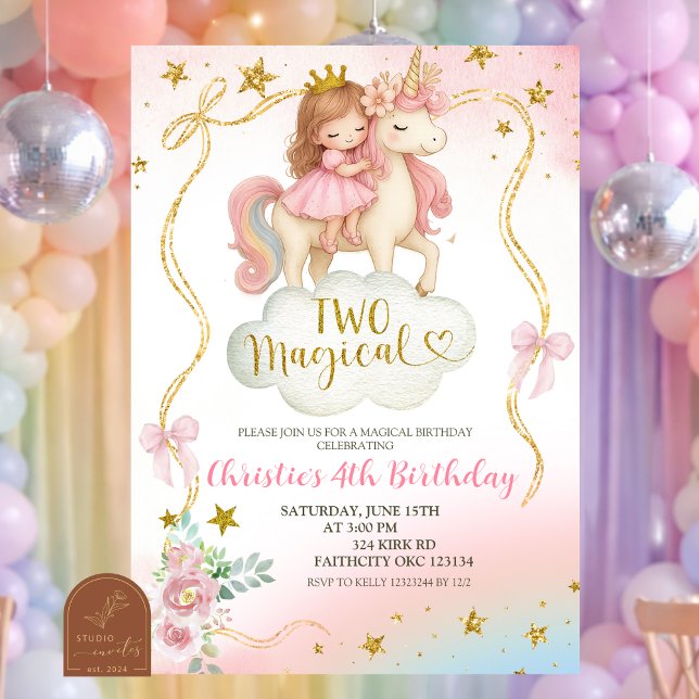 Convite Coquette Rainbow Pastel Unicorn TWO Magical Birthd (Criador carregado)