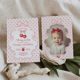 Convite Coquette Rosa Cereja no Topo Aniversário de 1 ano 