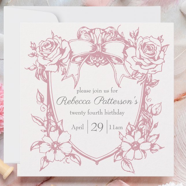 Convite Coquette Rosa Fofo Feminino Arco Moldura Festa (feminine pink coquette birthday  party invitation pink bow floral frame victorian tea party cute)